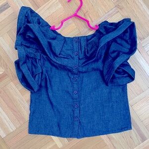 Pleated Denim Top - Neckline Ruffle w/ Butterfly Cap Sleeves Girls Size Small